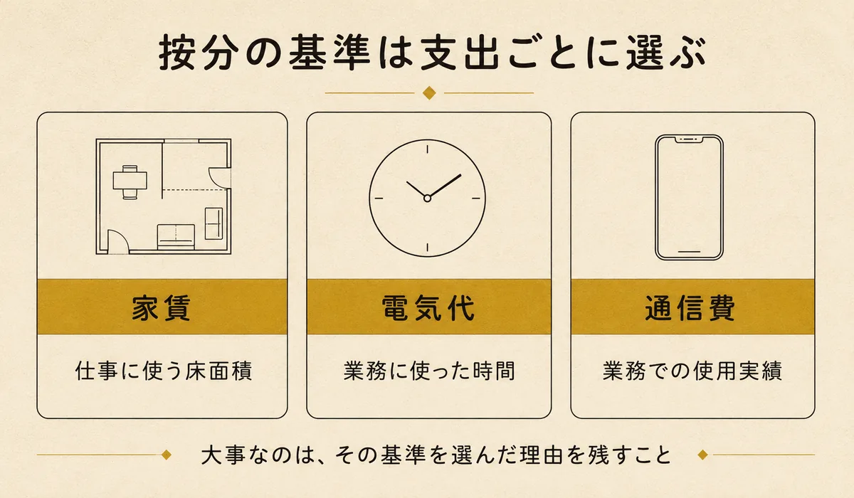 ハンドメイド作家の家事関連費を按分する基準の例。家賃は仕事に使う床面積、電気代は業務に使った時間、通信費は業務での使用実績で按分することを示した3列の図