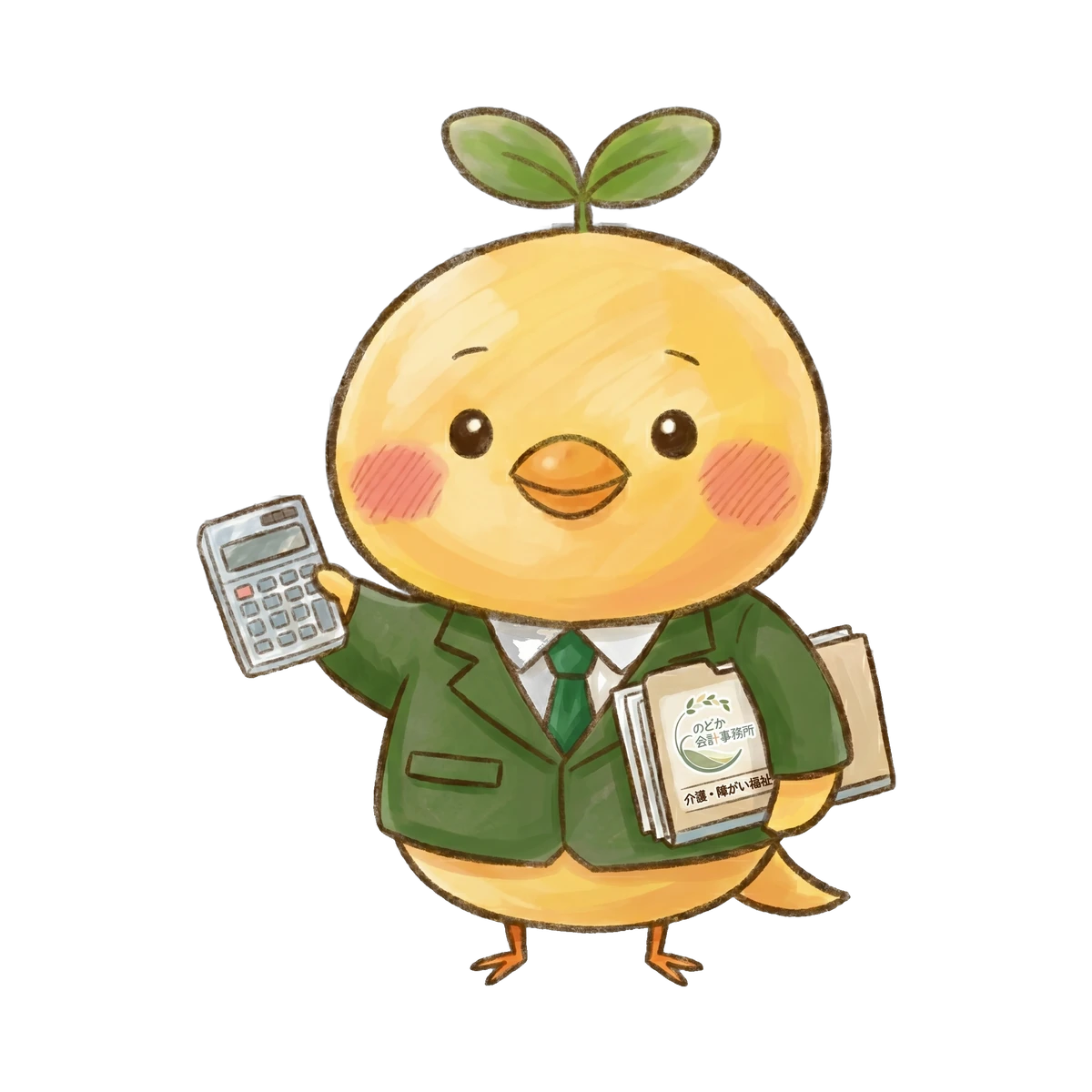 ハンドメイド作家の確定申告ガイドを監修する のどか会計事務所のマスコット。電卓と帳簿を持つ会計士姿のひよこのイラスト
