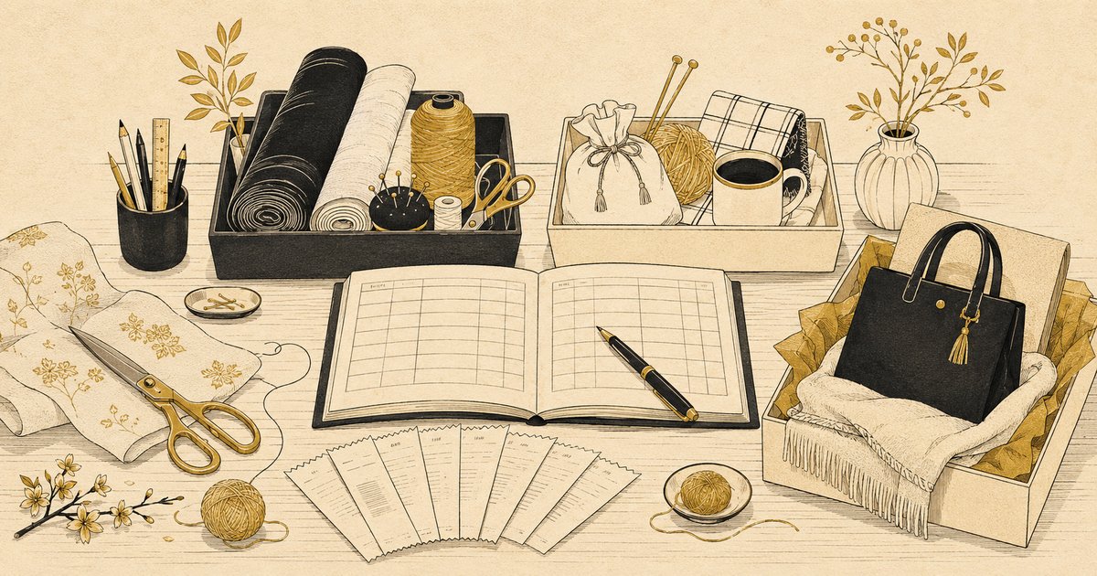 ハンドメイド作家の経費を仕分けるイメージ。布・毛糸・はさみの並ぶ作業台と完成品の箱、材料のレシートと帳簿を並べたアイキャッチ画像